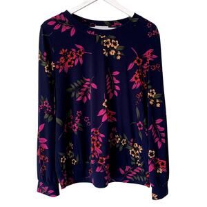 Leota Blouse Size L Blue Tropical Floral Pullover Stretch Woven Colorful Shirt1